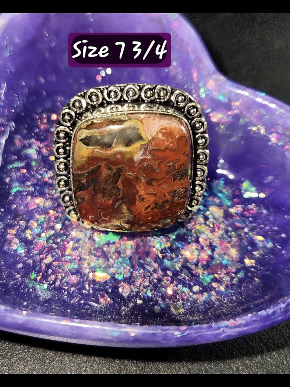 7 3/4 bright,vivd Red Seam Agate Jasper Statement Ring/yellow, Orange And Browns